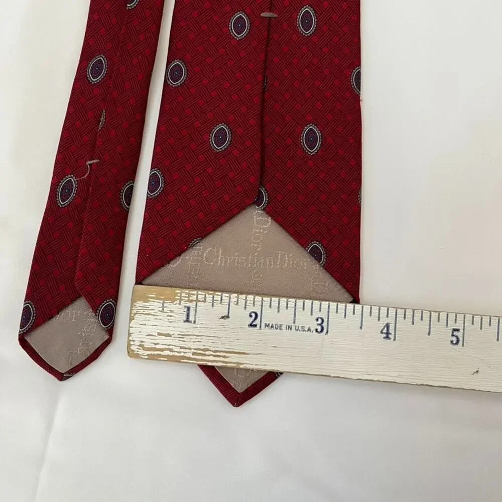 Vintage Christian Dior Mens' Red Silk Neck Tie All Over Print Fabric Woven Italy